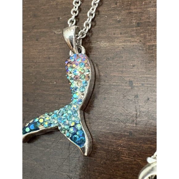 Mermaid Tail Necklace Pink Green Blue Shiny Silver Plated Rhinestones Fish Tail - Picture 3 of 8